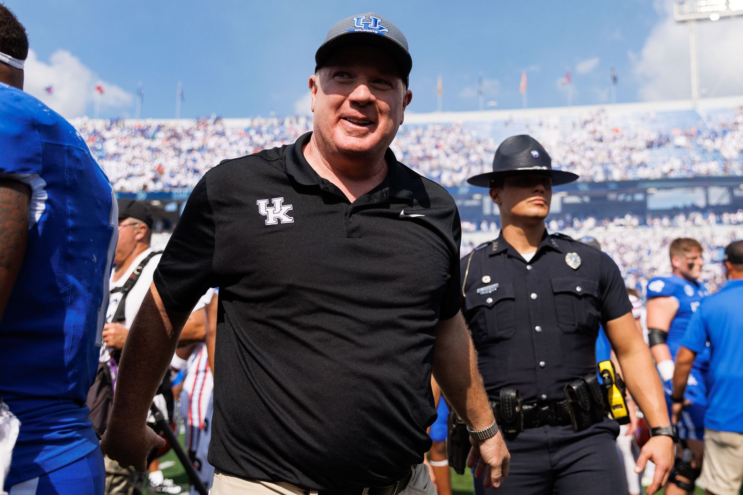 Sep 30, 2023; Lexington, Kentucky, USA; Kentucky Wildcats head coach Mark Stoops walks off the field after the game against the Florida Gators at Kroger Field. Mandatory Credit: Jordan Prather-USA TODAY Sports